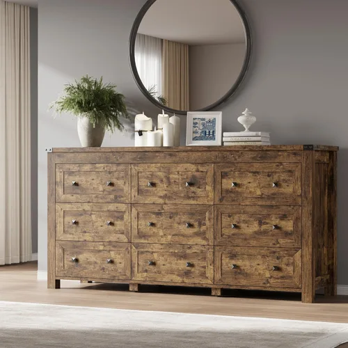 Miniatura 14 de BORNOON Cómoda de 9 cajones, moderna cómoda de almacenamiento de madera, soporte de TV, organizador de cajones de madera con asas de metal