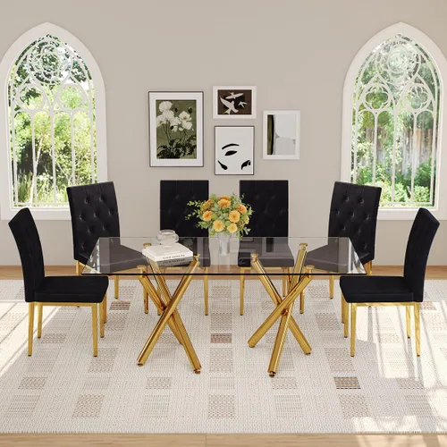 Miniatura 6 de Mesa de comedor de cristal de 71 pulgadas, mesa de comedor dorada para 6-8, mesa de cocina y comedor de gran tamaño con parte superior de vidrio