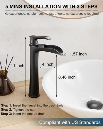 Miniatura 6 de Grifo de Lavabo de Baño Cascada, Grifo de Baño Alto de Latón Negro de Una Sola Manija para Lavabo, Grifos de Baño de Un Orificio Mezclador Grifo