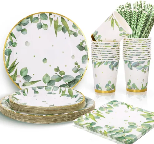 Platos y servilletas para baby shower de género neutro para 25 decoraciones de fiesta verde salvia, decoración de fiesta de cumpleaños para niños y