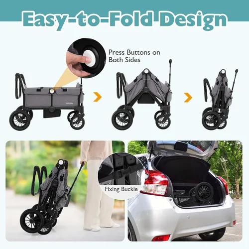 Miniatura 7 de BABY JOY Cochecito vagón para 2 niños, vagón doble plegable para empujar o jalar con mango ajustable, toldo extraíble, arnés de seguridad, Gris