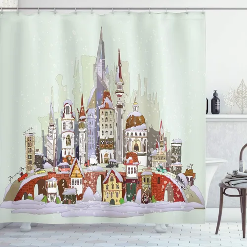 Miniatura 23 de Cortina de ducha de poliéster con estampado con diseño de escena de arte moderno: bosque místico gris con pasto rojo, flores, lluvia, neblina, Verde