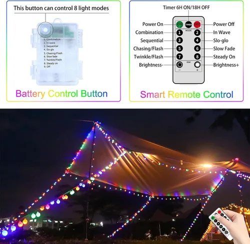 Miniatura 4 de Luces que cambian de color alimentadas por baterías, paquete de 2 unidades en total de 66 pies, 200 luces LED coloridas con control remoto, 8 modos
