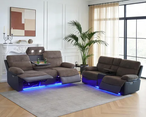Miniatura 21 de Juego de 3 piezas para sala de estar, sofá reclinable eléctrico de cuero con puertos USB, iluminación LED y portavasos, asientos de cine en casa