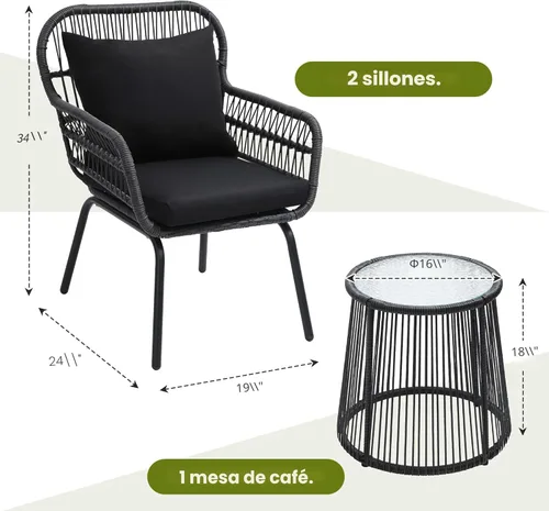 Miniatura 6 de wildformers juego de 3 piezas de ratán y mimbre para bistró, juego de conversación para exteriores, juego de muebles de mimbre con mesa de vidrio