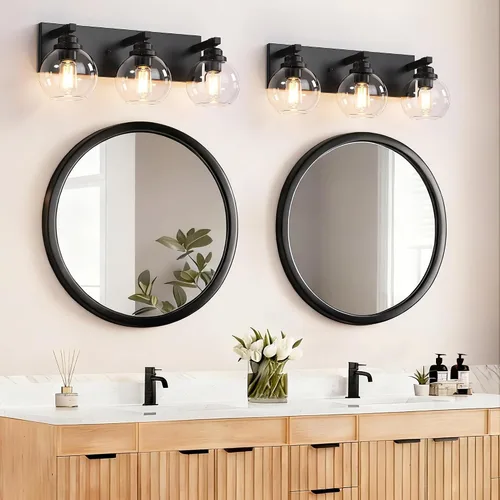 Miniatura 2 de LmnLvn Lámparas de baño, 3 luces de tocador de color negro mate, modernas lámparas de baño sobre espejo, luces de tocador de granja con pantalla