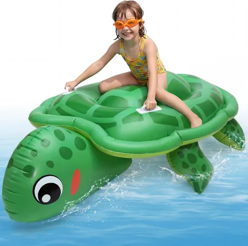 HyDren Flotador inflable extra grande de 79 pulgadas para niños, juguete de piscina de tortuga marina con asas de servicio realista, suministros de