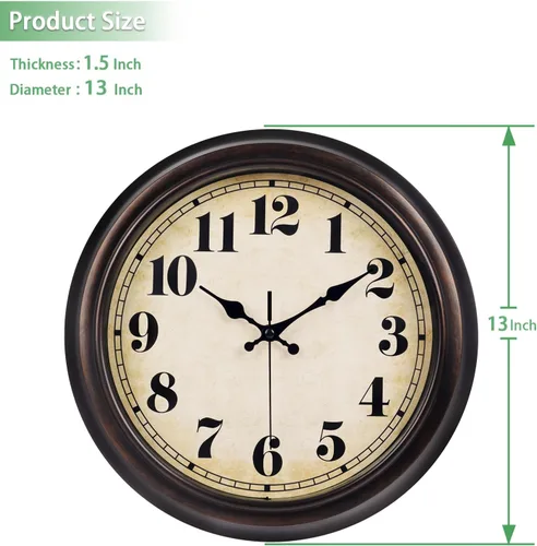 Miniatura 7 de 45MinST Reloj de pared grande vintage de 13 pulgadas rojo-marrón, de cuarzo, funciona con batería, movimiento silencioso y preciso sin tictac con 13