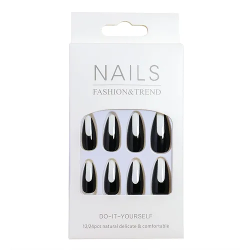 Miniatura 5 de 24 uñas postizas medianas a presión, color blanco y negro, uñas con pegamento en forma de almendra, uñas postizas brillantes con diseños, uñas