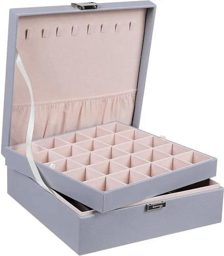 homing Caja organizadora de aretes con 50 ranuras con 8 ganchos para collares regalos de cumpleaños y Navidad 2 bandejas clásicas de piel sintética