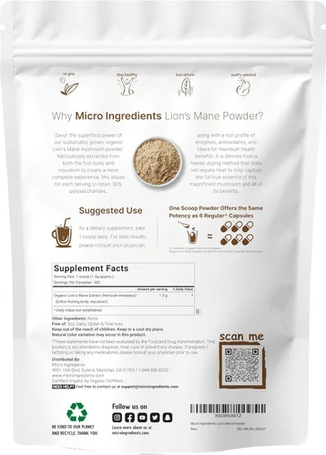 Miniatura 2 de Micro Ingredients Polvo de hongo de melena de león orgánico, 16 onzas Superalimento puro de cuerpo fructífero Apoya el cerebro