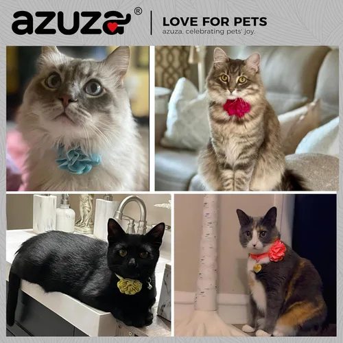 Miniatura 4 de azuza Paquete de 2 collares de gato floral con campana y corbatín de flores extraíble, ajustable, tela de terciopelo para mascotas, decoración