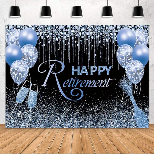 MEHOFOND Telón de fondo de feliz jubilación, globo de diamante con purpurina negra y azul, fondo de fotografía azul brillante, felicitaciones,