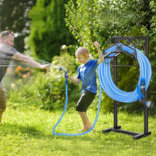 Miniatura 3 de Soporte para manguera de jardín, soportes de manguera de agua independientes para exteriores con cesta de almacenamiento, soporte de manguera