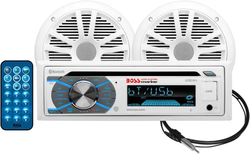 BOSS Audio Systems MCK508WB.6 - Paquete de altavoces estéreo con sistema de sonido para barco marino, unidad principal receptora de radio DIN,