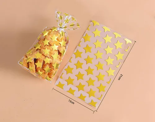 JHere Paquete de 100 bolsas de dulces de lunares con 100 lazos metálicos dorados, bolsas de plástico transparente para galletas, dulces, aperitivos,