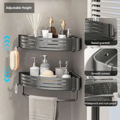 Miniatura 4 de Organizador de esquina para ducha, paquete de 2 estantes adhesivos con ganchos para toalleros, sin perforaciones, impermeable, a prueba de óxido