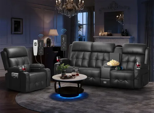 Miniatura 12 de Sofá reclinable biplaza, asiento de cine en casa de 4 plazas, sofá reclinable con USB, consola central, sillón reclinable de pared para caravana
