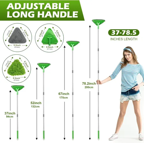 Miniatura 5 de Trapeador Triangular Limpiador de Paredes con Mango Largo de 82'' - Cepillo Limpiador de Paredes, Herramienta de Limpieza con 4 Almohadillas de Verde