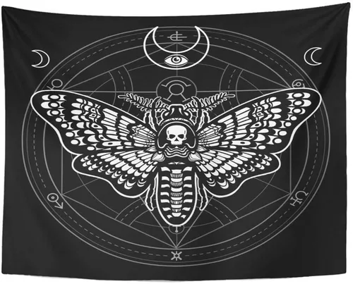 Miniatura 4 de SPXUBZ Tapiz de pared de Halloween, polilla, cabeza muerta, círculo místico, símbolo esotérico, geometría sagrada, signo de la luna, decoración