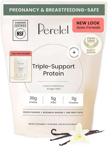 Perelel Proteína en polvo a base de plantas de triple soporte, vainilla cremosa, 0.71 onzas de proteína vegana en polvo, 0.11 onzas de monohidrato