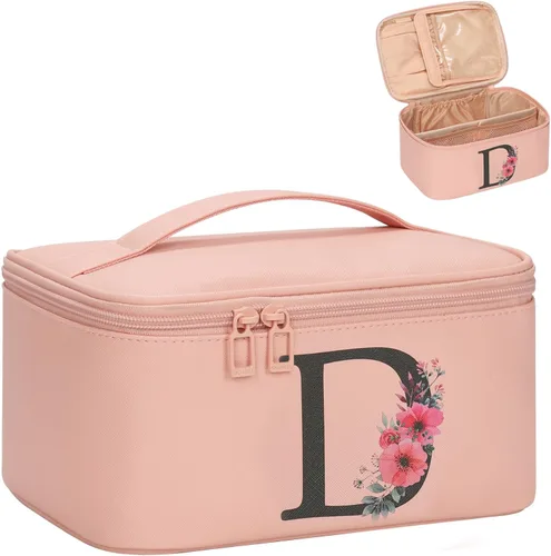 Miniatura 45 de OCHEAL Bolsa de maquillaje personalizada, bolsa de maquillaje beige para mujer, kit de aseo de viaje con monograma, organizador de cosméticos listo