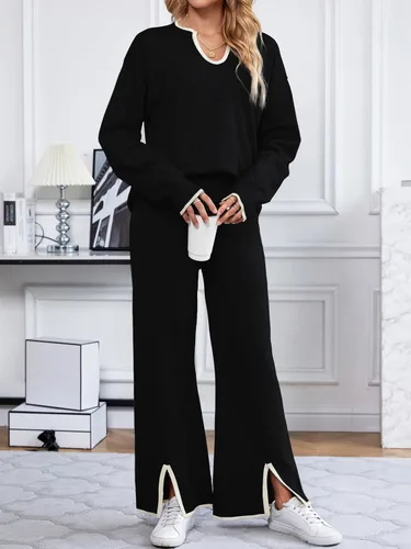 Miniatura 9 de SuperPrity Conjunto de 2 piezas de suéter para mujer, con cuello de muesca, manga larga, suéter de punto y pierna ancha