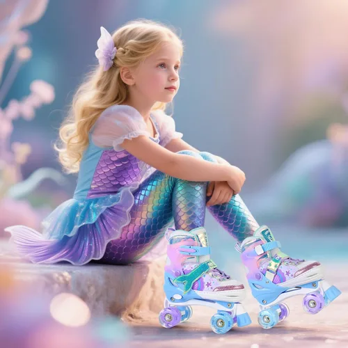 Miniatura 6 de NEMONE - Patines de sirena con ruedas iluminadas y 4 tamaños ajustables para niñas, azul y morado, para niños pequeños, para principiantes, de A
