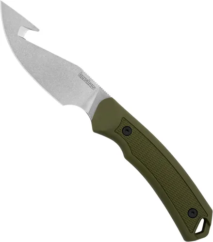 Cuchillo de hoja fija Kershaw Deschutes Skinner Gut Hook, diseño oliva, hoja de acero de 3.9 pulgadas con gancho para vísceras, diseño de espiga
