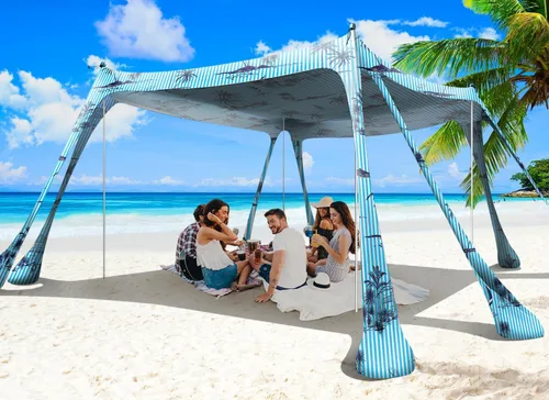 Miniatura 12 de Tienda de campaña de playa, toldo de playa de 10 x 10 pies, toldo de playa fácil de desplegar portátil UPF50+ con 8 sacos de arena, 2 palas