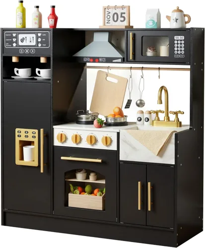 Cocina de Juego para Niños, Juego de Cocina de Madera con Accesorios Realistas, Cocina de Lujo para Niños Pequeños, Campana Extractora,