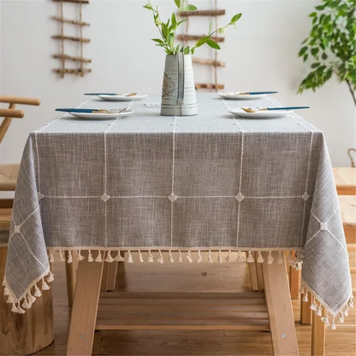 Miniatura 10 de Dimatic Mantel de Algodón y Lino de Peso Pesado - Mantel Redondo de 60 Pulgadas - Cubierta de Mesa con Costura de Borlas para Decoración de Beige