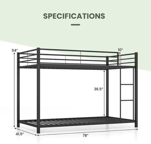 Miniatura 2 de KOMFOTT Litera baja de metal, tamaño individual sobre individual, base de cama resistente con escalera y barandillas de longitud completa, marco