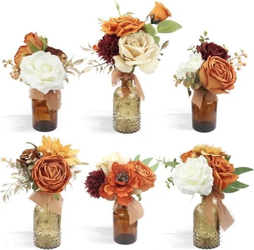 Rinlong 6 centros de mesa de flores surtidos para bodas, mesas de otoño, centro de mesa, ramos de dama de honor de color naranja quemado, estante de