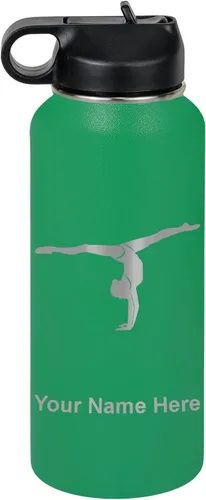 Miniatura 31 de LaserGram Botella de agua personalizada, gimnasta niña, acero inoxidable de doble pared aislada al vacío con popote superior, regalo grabado Azul