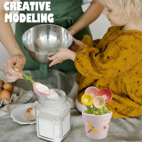 Miniatura 6 de DOERDO - Cucharas medidoras de cerámica con soporte, cucharas de medición de flores para azúcar salada, juego de cucharas en forma de maceta, Rosado