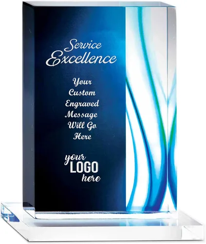 Trofeo grabado – Acrílico azul – Forma rectangular – Acentos de rayas de colores – Grabado personalizado – Premio para empleados Logotipo