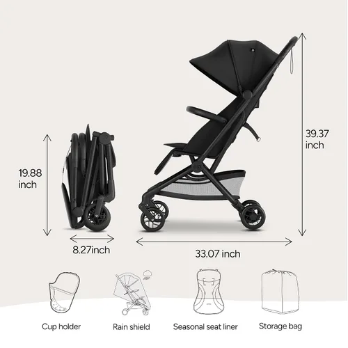 Miniatura 8 de Mompush Velo Cochecito de viaje ligero, compacto y apto para aviones para bebés y niños pequeños, asiento reclinable completamente plano, plegable