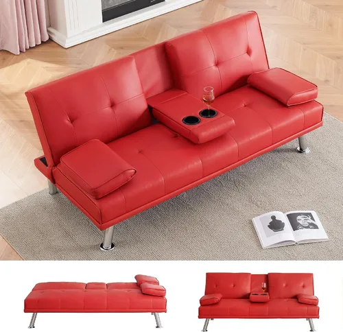 Miniatura 8 de KEIKI Sofá futón plegable de cuero de 67 pulgadas con portavasos y respaldo ajustable, moderno de mediados de siglo, sofá biplaza convertible