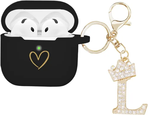 Miniatura 18 de Compatible con AirPods 4 Cover 2024, funda de silicona suave con patrón de corazón dorado para 4ª generación, llavero de letra A-Z con diamantes