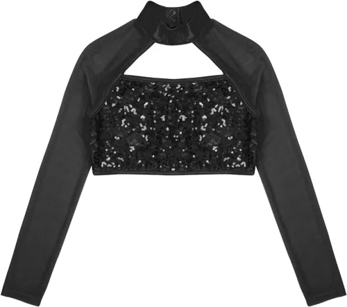 Miniatura 3 de Camisetas cortas de lentejuelas para niños y niñas, manga larga, cuello alto, jazz, hip hop, ballet, danza, ropa de baile