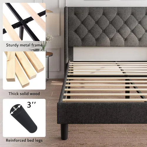 Miniatura 5 de iPormis - Base de cama tapizada de tamaño completo con cabecera capitonada con botones, base de cama tapizada con listones de madera sólidos, 20 cm