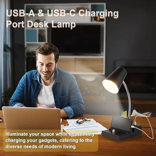 Miniatura 4 de LALISU Lámpara de escritorio de estudio con carga USB y luz nocturna tipo C, lámpara de mesa LED de cuello de cisne, lámpara de mesa de estudio