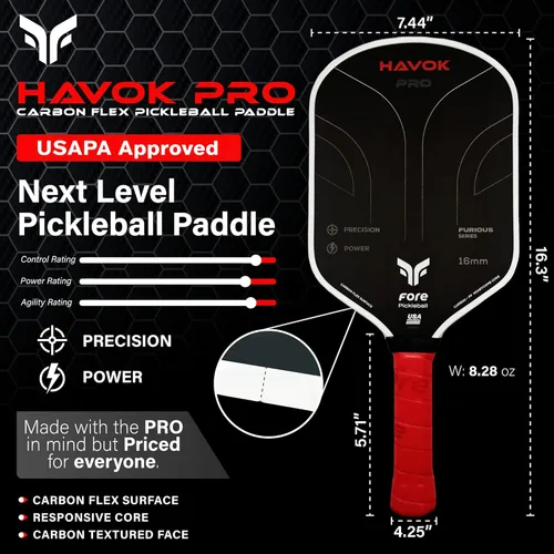 Miniatura 2 de Havok Pro Pickleball Paddle: Carbon Fiber Surface for Enhanced Power, Precision and Maximum Spin - Large Sweet Spot and USAPA Approved Rojo