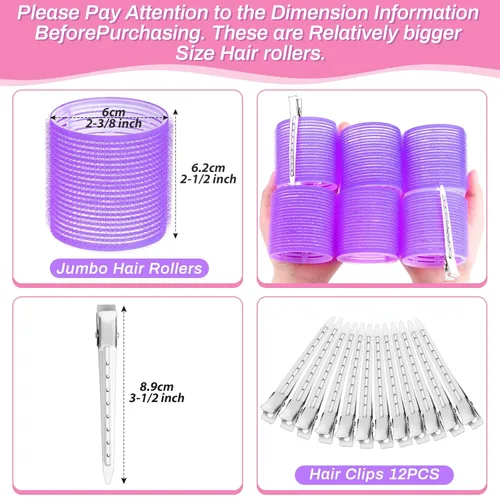 Miniatura 3 de Juego de rizadores de pelo jumbo – 24 piezas con 12 rodillos grandes y 12 clips para añadir volumen a cabello largo y grueso (morado)