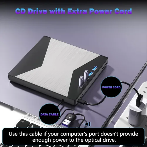 Miniatura 7 de Wbacon Unidad externa de CD/DVD para portátil, reproductor de DVD para portátil, grabadora de CD ultrafina 8 en 1 con 4 puertos USB y 2 ranuras