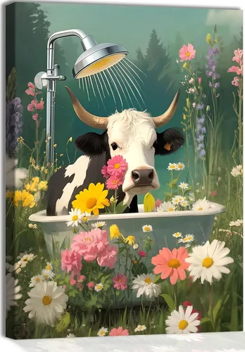ZOQIPQO Arte de pared floral y de animales de campo, vaca rústica y decoración floral para baño, dormitorio o cocina, 12 x 16 pulgadas