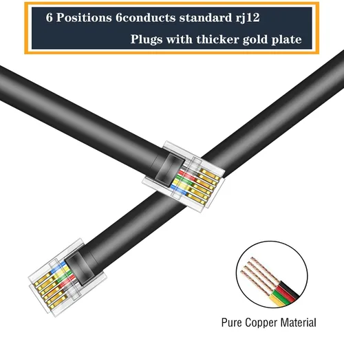 Miniatura 4 de LanSenSu Cable RJ12 RJ12 6P6C macho a macho recto con cable para uso de datos y voz, paquete de 2 unidades (negro, 3.3 pies)