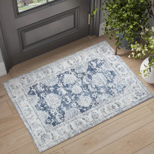 Miniatura 133 de Jinchan Fiora - Alfombra redonda de 8 pies, alfombras vintage con diseño floral envejecido, lavable a máquina, antideslizante, de pelo bajo, Azul