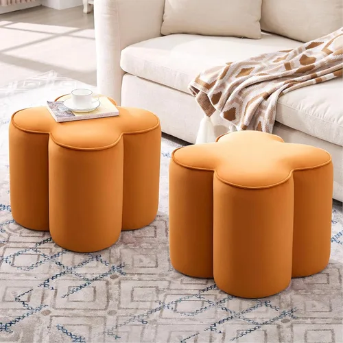 Miniatura 17 de Zesthouse Juego de 2 puf otomanos de flores, reposapiés de tela de lino beige para sofá, taburetes modernos para sala de estar, bonita otomana